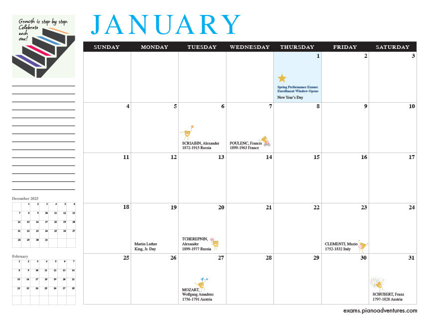 Piano Adventures 2026 Exams Calendar