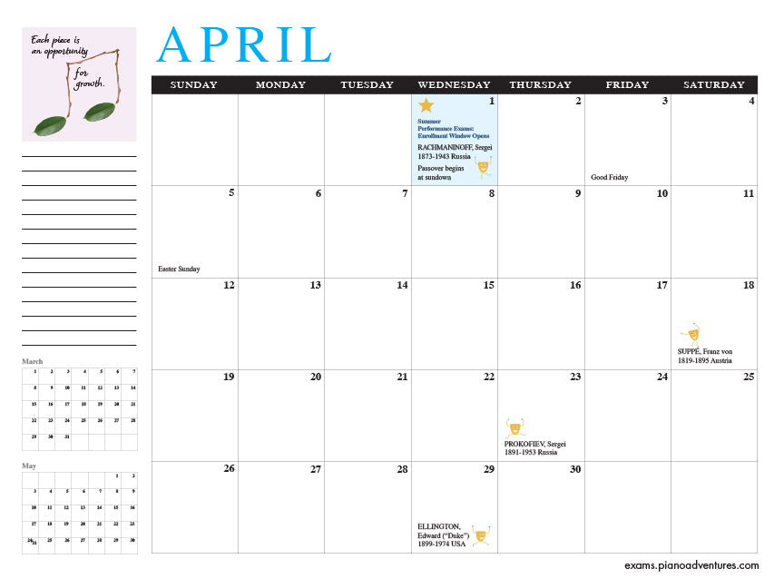 Piano Adventures 2026 Exams Calendar